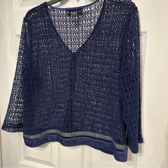 Norton Studio Size L Navy Crochet Poly Knit Short Jacket Mettallic Ribbon 3/4 Sl - Picture 4 of 5